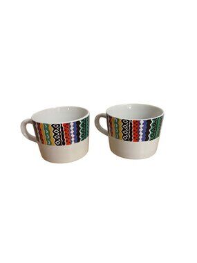 Century Stoneware Coffee Cups Set Of 2 With Colorful Geometric Pattern Made In J